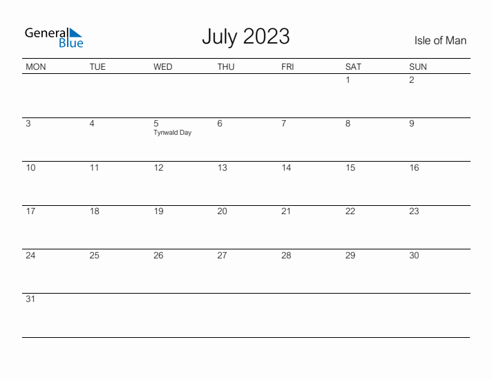 Printable July 2023 Calendar for Isle of Man