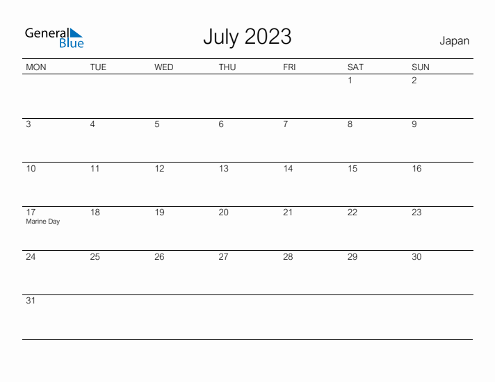 Printable July 2023 Calendar for Japan