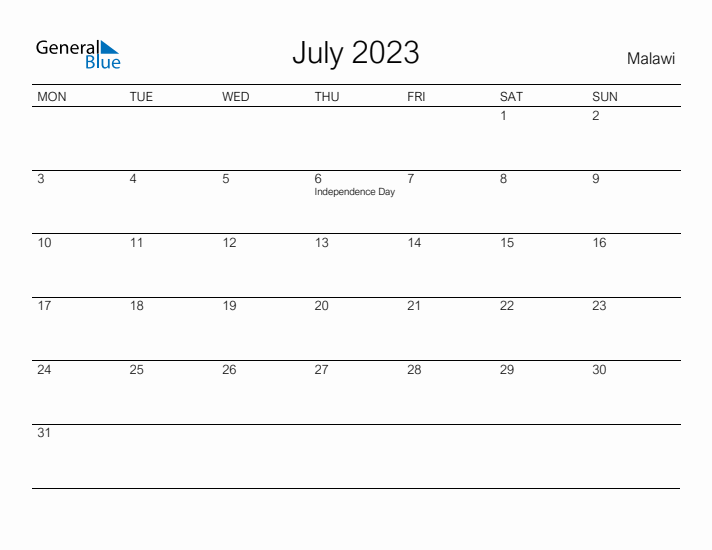 Printable July 2023 Calendar for Malawi