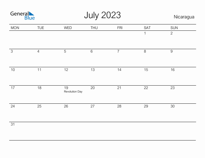 Printable July 2023 Calendar for Nicaragua