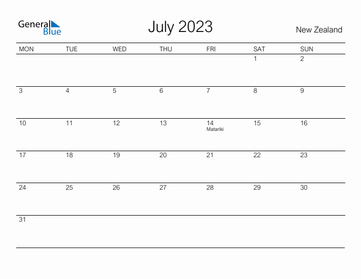 Printable July 2023 Calendar for New Zealand