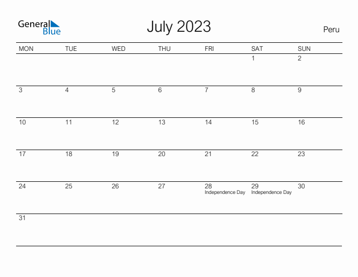 Printable July 2023 Calendar for Peru