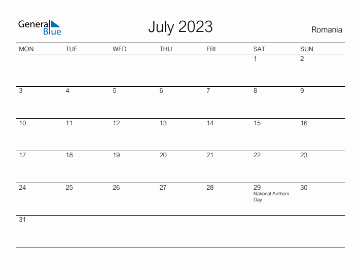 Printable July 2023 Calendar for Romania