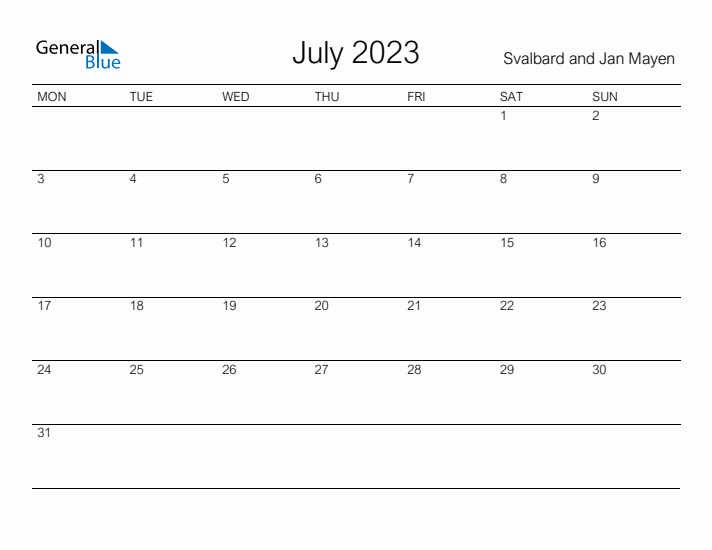 Printable July 2023 Calendar for Svalbard and Jan Mayen