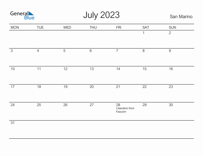 Printable July 2023 Calendar for San Marino