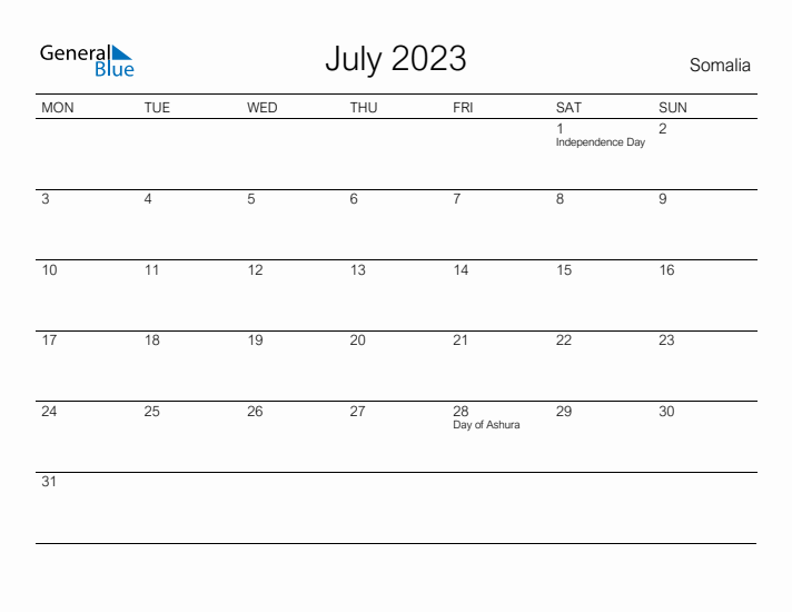 Printable July 2023 Calendar for Somalia