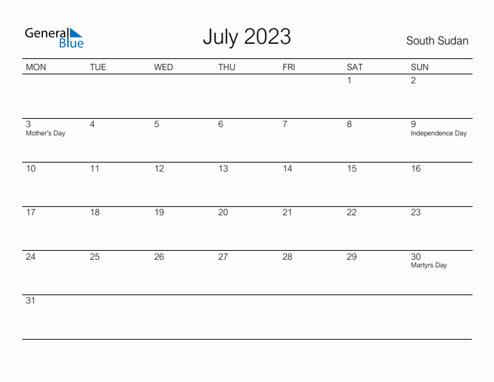 Printable July 2023 Calendar for South Sudan
