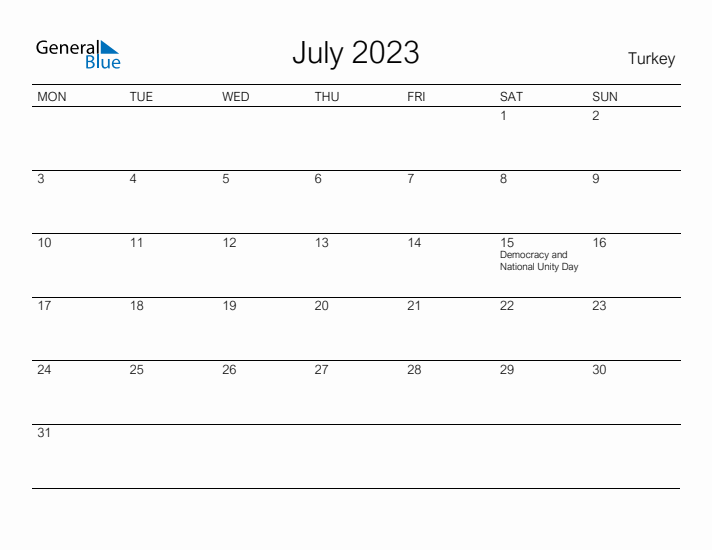 Printable July 2023 Calendar for Turkey