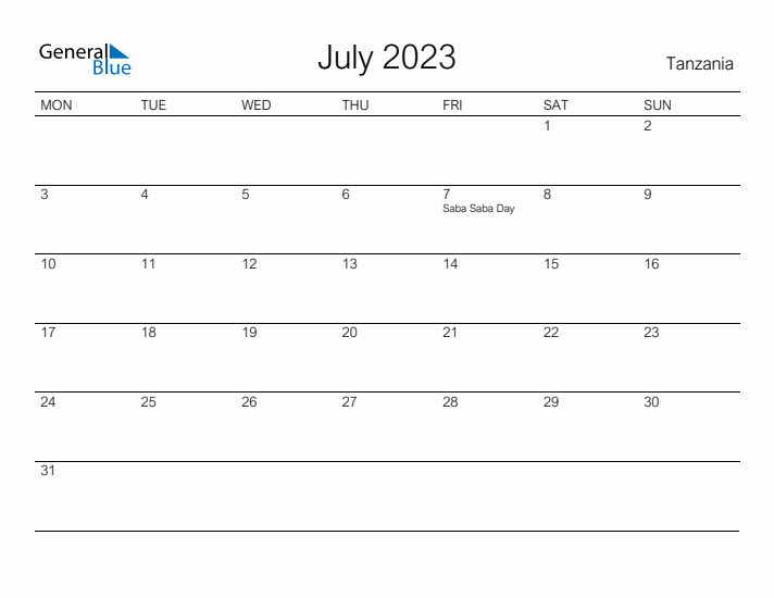 Printable July 2023 Calendar for Tanzania