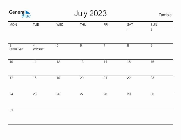 Printable July 2023 Calendar for Zambia