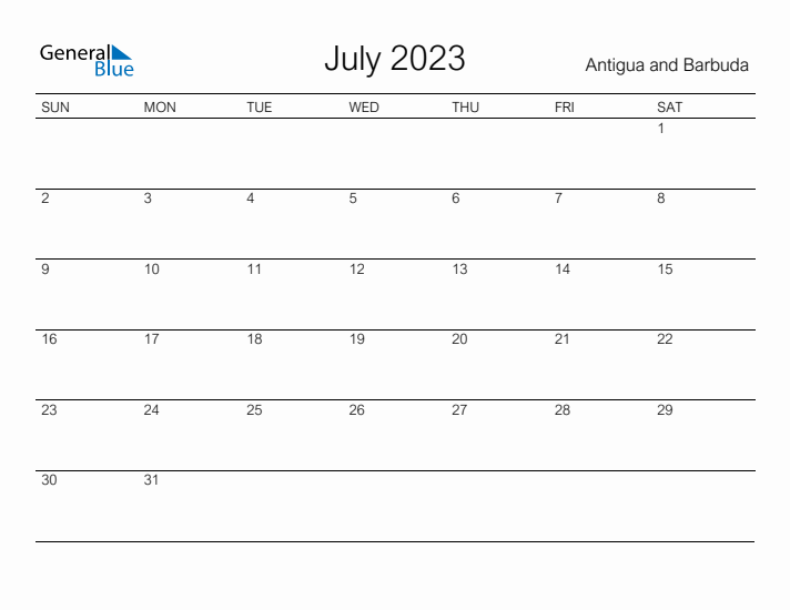 Printable July 2023 Calendar for Antigua and Barbuda