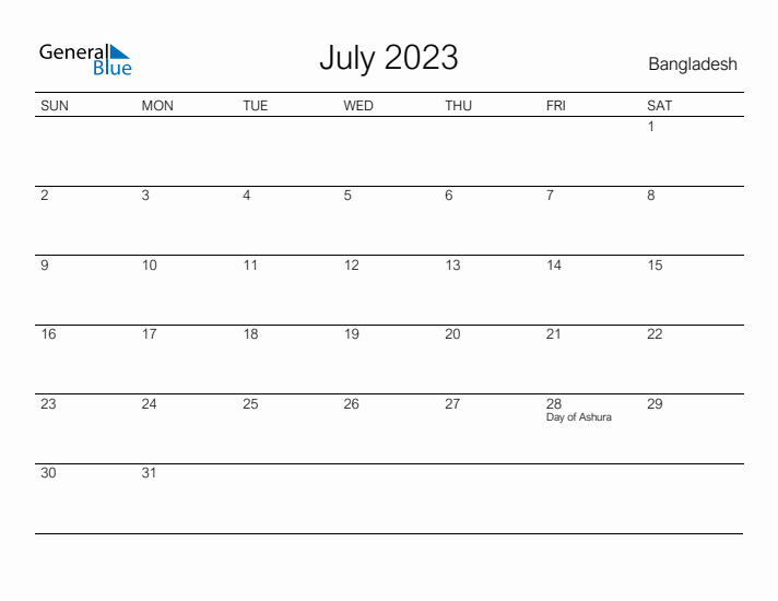 Printable July 2023 Calendar for Bangladesh