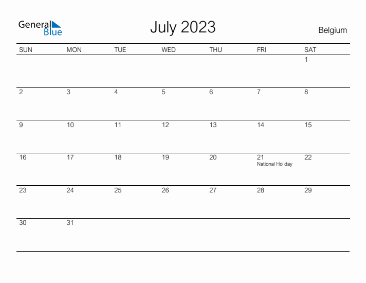 Printable July 2023 Calendar for Belgium