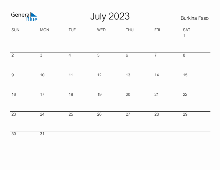 Printable July 2023 Calendar for Burkina Faso