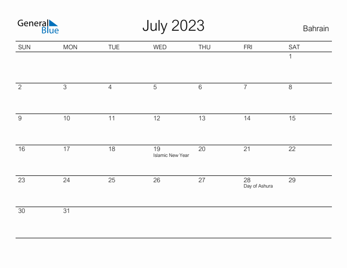 Printable July 2023 Calendar for Bahrain