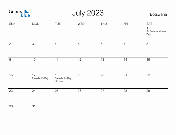 Printable July 2023 Calendar for Botswana