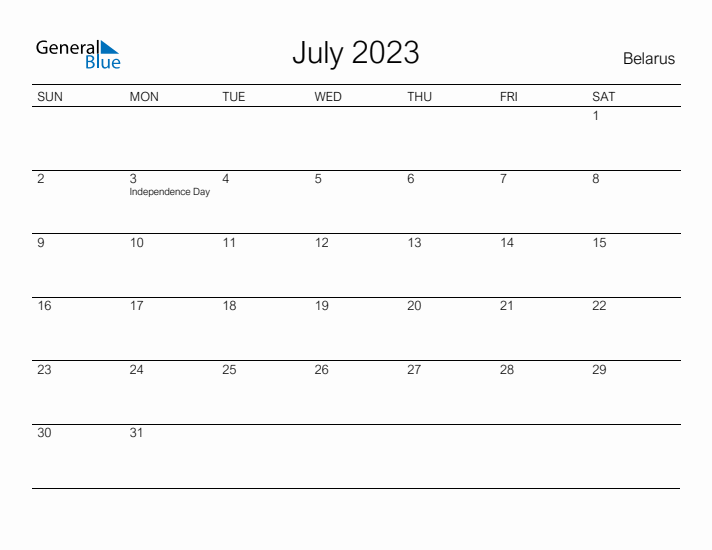 Printable July 2023 Calendar for Belarus
