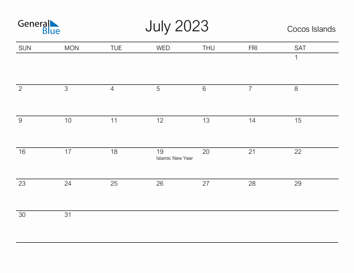 Printable July 2023 Calendar for Cocos Islands