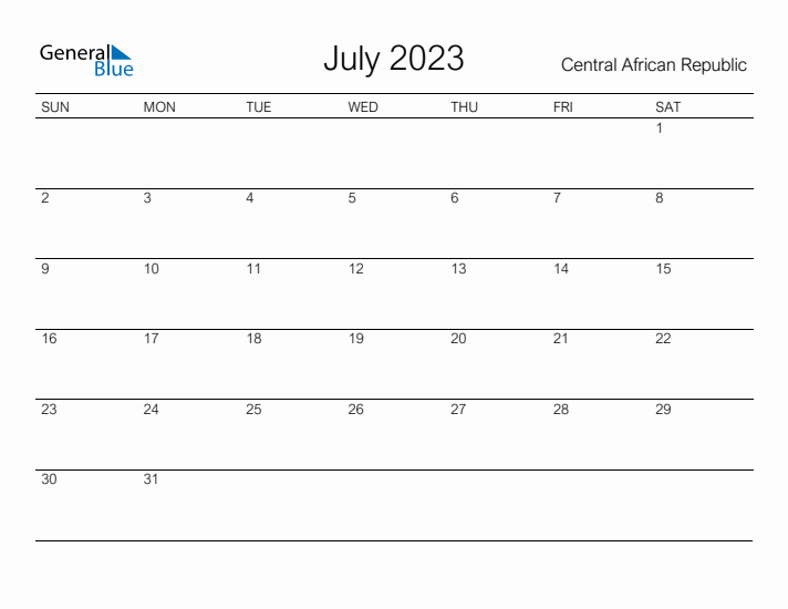 Printable July 2023 Calendar for Central African Republic
