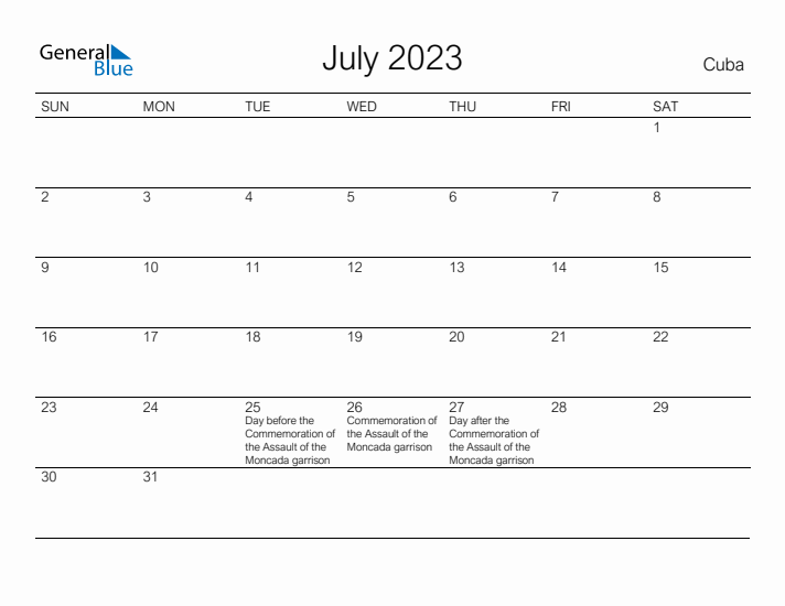 Printable July 2023 Calendar for Cuba