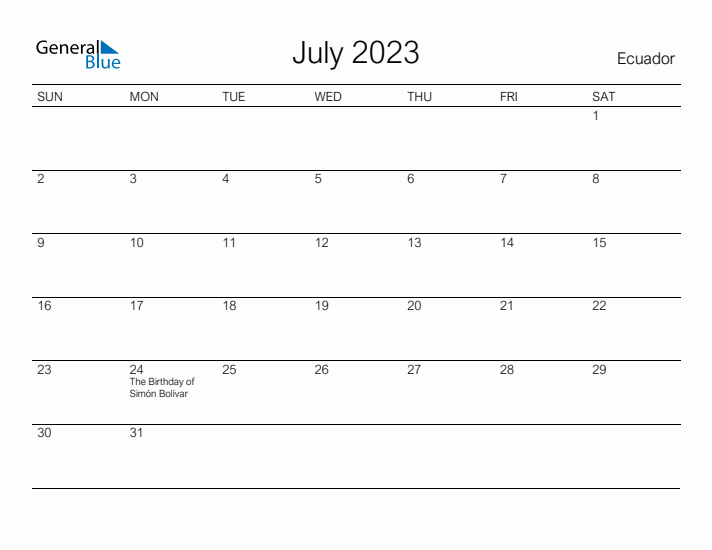 Printable July 2023 Calendar for Ecuador