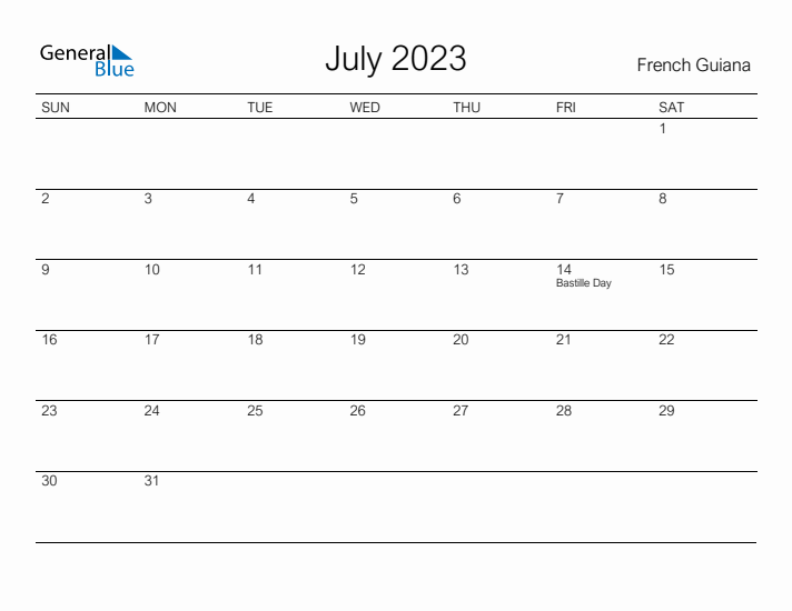 Printable July 2023 Calendar for French Guiana