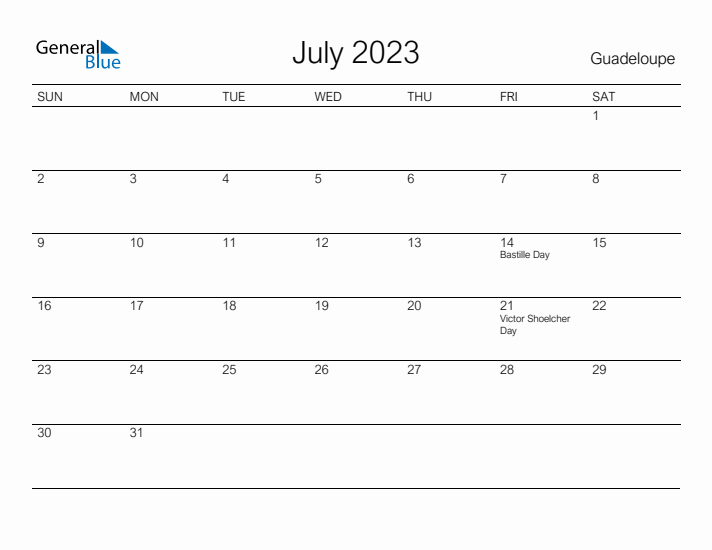 Printable July 2023 Calendar for Guadeloupe