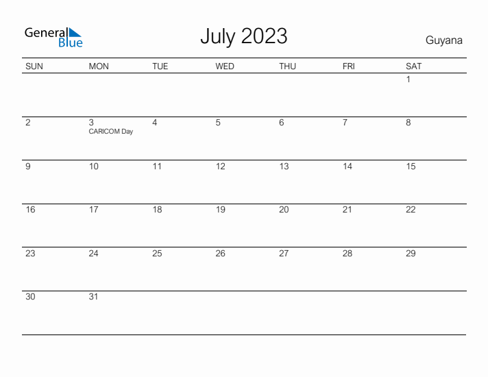 Printable July 2023 Calendar for Guyana