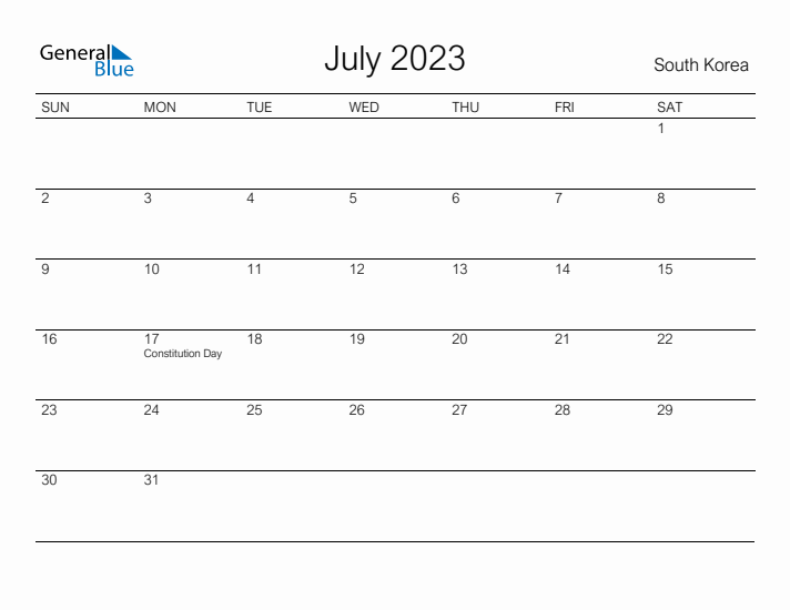 Printable July 2023 Calendar for South Korea