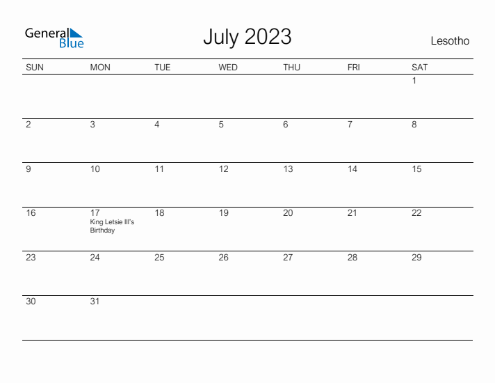 Printable July 2023 Calendar for Lesotho