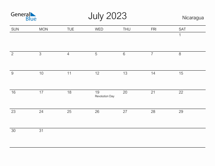 Printable July 2023 Calendar for Nicaragua