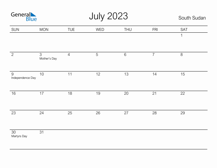 Printable July 2023 Calendar for South Sudan