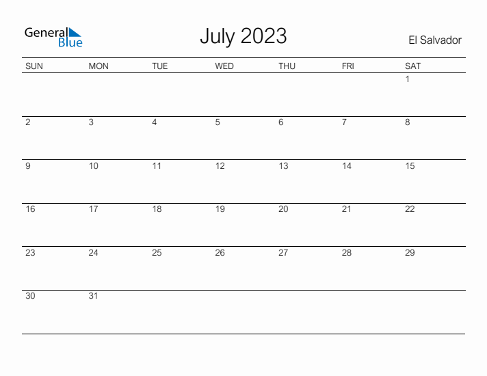 Printable July 2023 Calendar for El Salvador