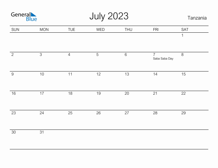 Printable July 2023 Calendar for Tanzania