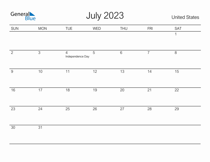 Printable July 2023 Calendar for United States