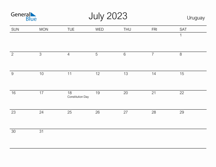 Printable July 2023 Calendar for Uruguay