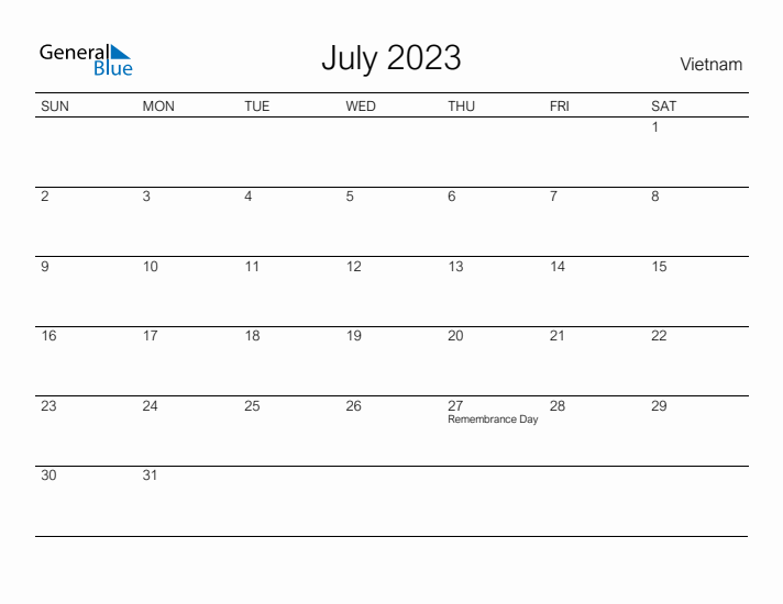 Printable July 2023 Calendar for Vietnam