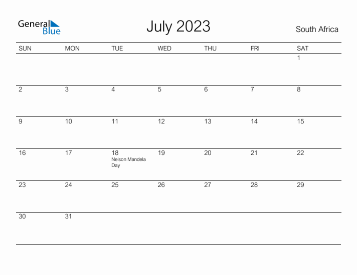 Printable July 2023 Calendar for South Africa