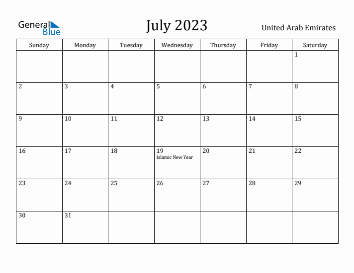July 2023 Calendar United Arab Emirates