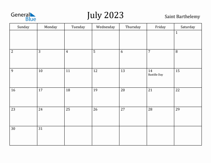 July 2023 Calendar Saint Barthelemy