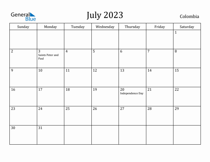 July 2023 Calendar Colombia