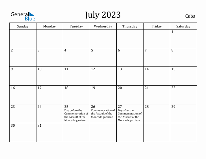 July 2023 Calendar Cuba