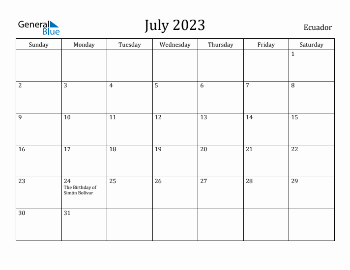 July 2023 Calendar Ecuador