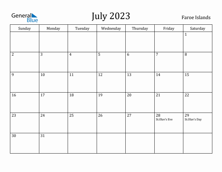 July 2023 Calendar Faroe Islands