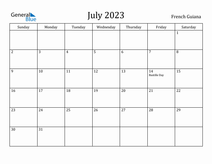 July 2023 Calendar French Guiana