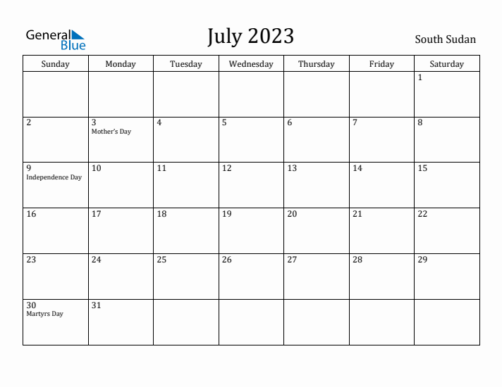 July 2023 Calendar South Sudan