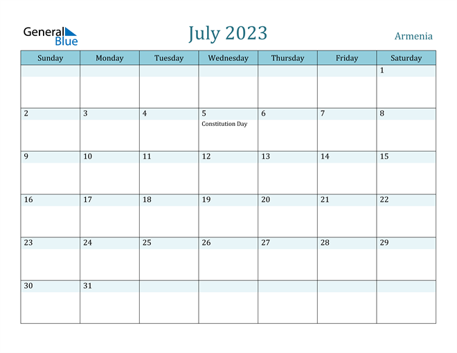 July 2023 Calendar with Holidays in PDF, Word, and Excel