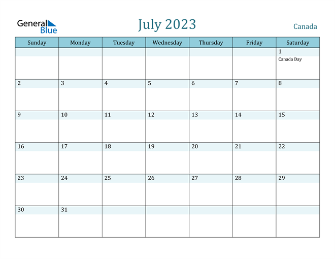 July 2023 Calendar with Canada Holidays