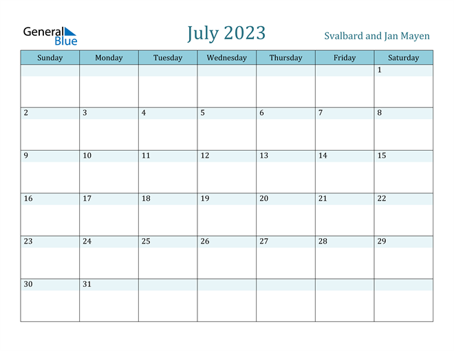 Svalbard and Jan Mayen July 2023 Calendar with Holidays