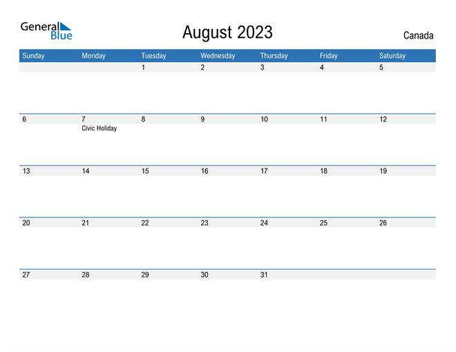 August 2023 Calendar with Canada Holidays